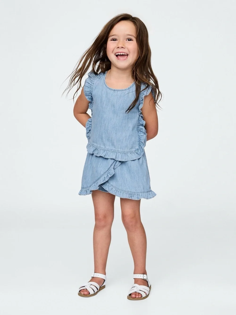 Light Blue Ruffle Chambray Girls Dress